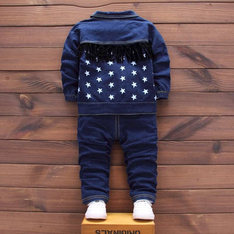 Kids Long Sleeve Star T-Shirt + Denim Coat + Trousers Suit