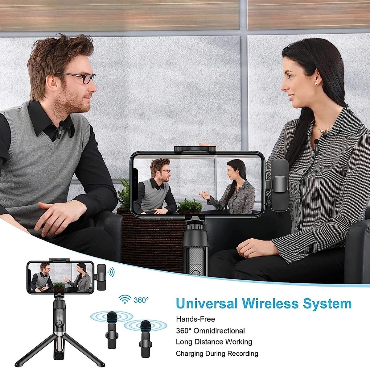 Dual Wireless Lapel Microphone Lavalier TYPE-C Android Phones IPhone + IOS Adapter