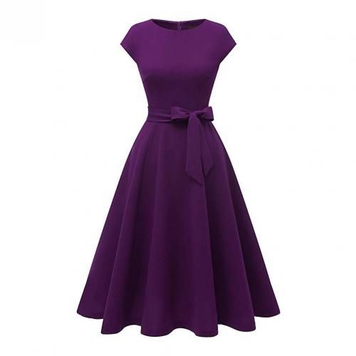 Belted Cup Sleeves Swing Dress - Purple