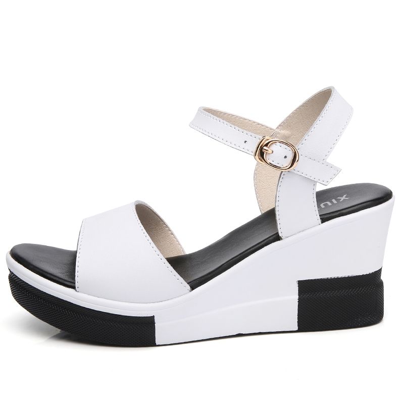 Ladies Classy Leather Wedge Sandals Slippers - White