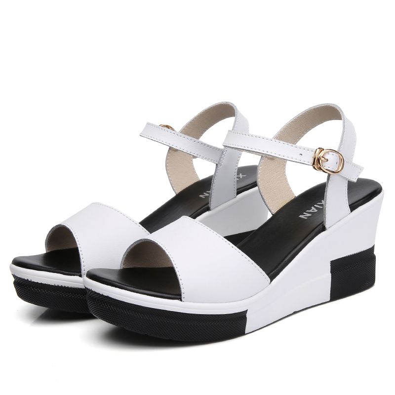 Ladies Classy Leather Wedge Sandals Slippers - White