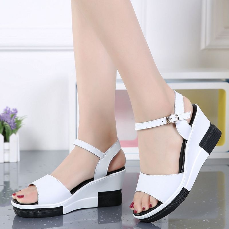 Ladies Classy Leather Wedge Sandals Slippers - White