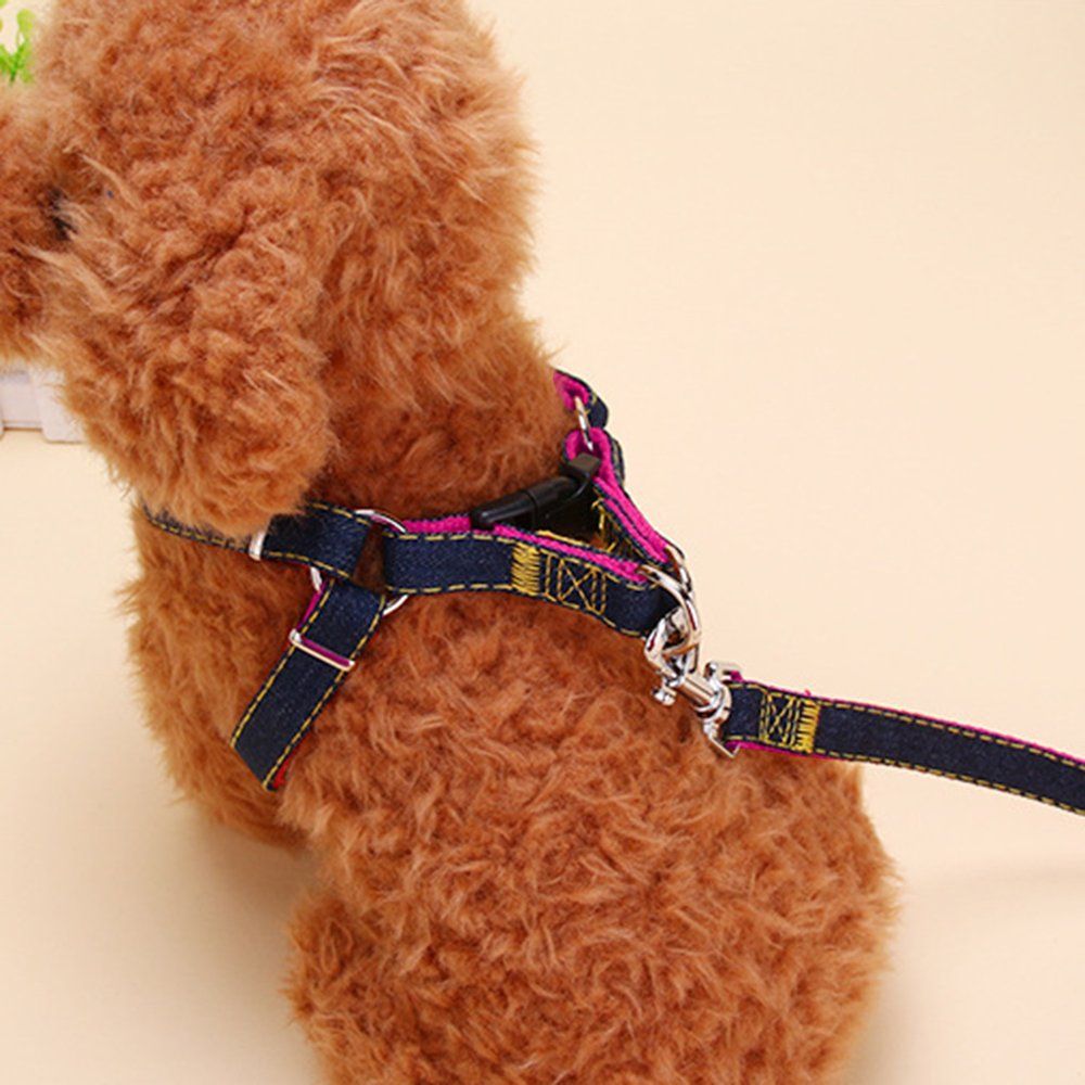 Pet Dog Nylon Harness Collars 3PCS/SET Adjustable Leash Traction Belt Rope Denim Pink S