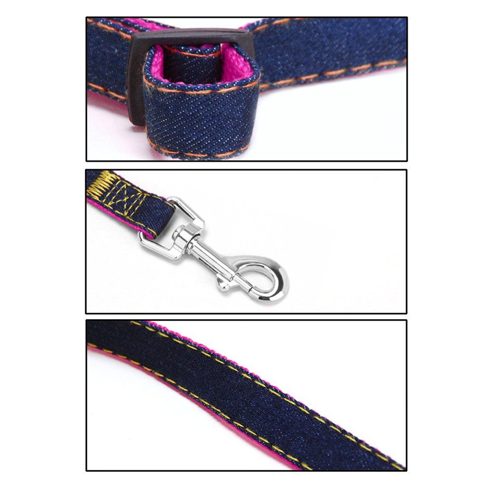 Pet Dog Nylon Harness Collars 3PCS/SET Adjustable Leash Traction Belt Rope Denim Pink S