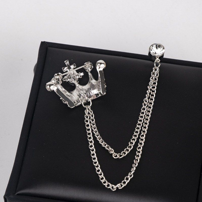 Unisex Crown Shape Brooch Tassel Chain Lapel Pin-Silver