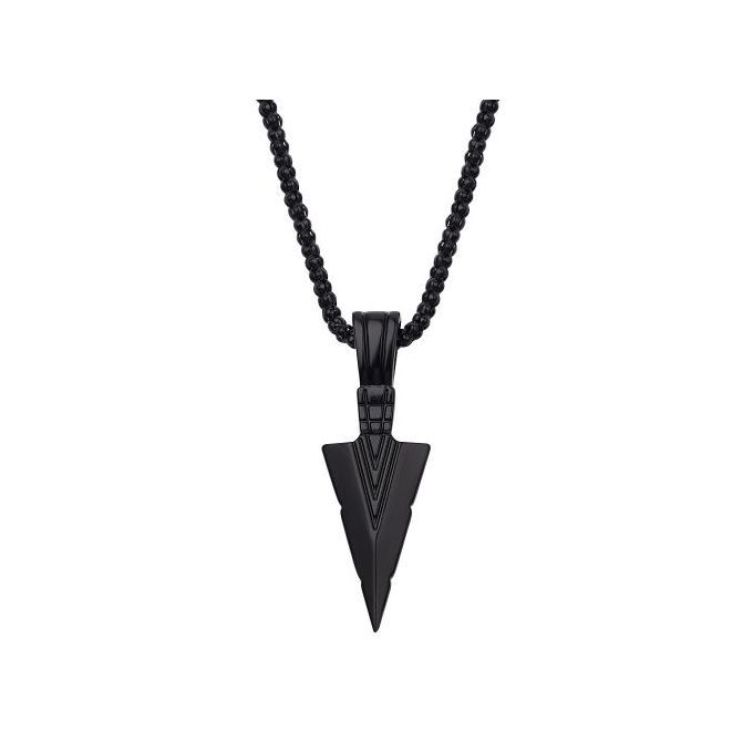 Men Matte Arrow Head Point Long Pendant Necklace. Black