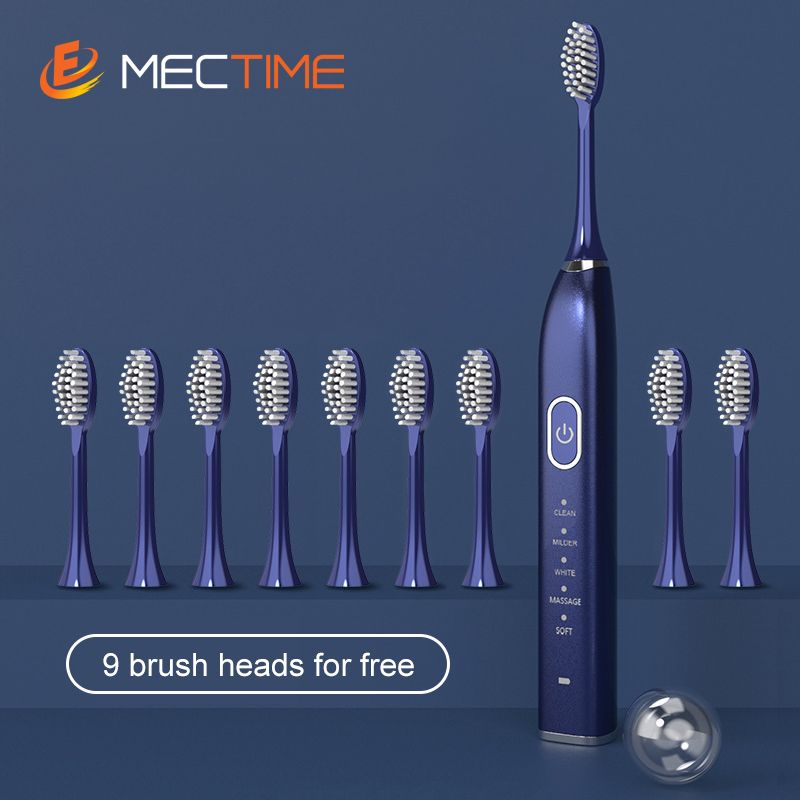 Electric Toothbrush Soft Bristle With 10 Brush Heads - Blue