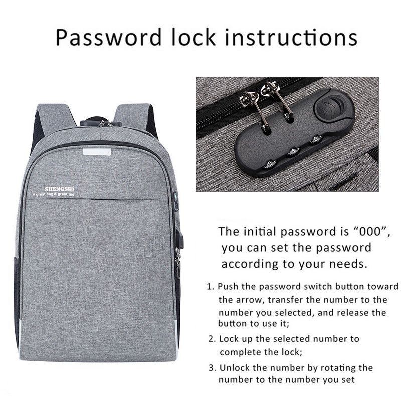 Password Lock Anti Theft Laptop Backpack Grey