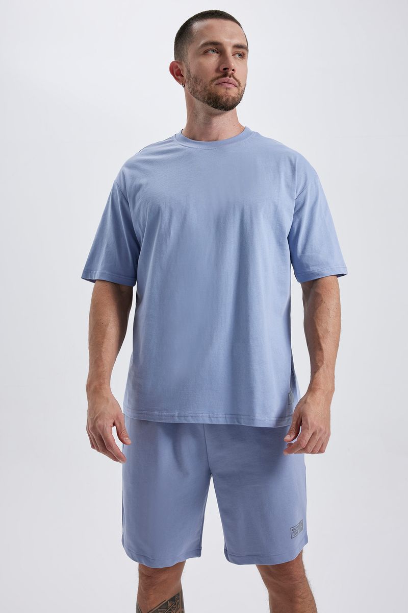 Man Oversize Fit Short Sleeve Crew Neck Knitted T-Shirt - Blue