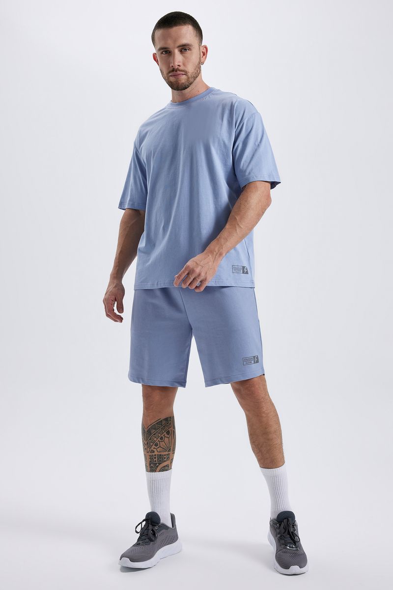 Man Oversize Fit Short Sleeve Crew Neck Knitted T-Shirt - Blue