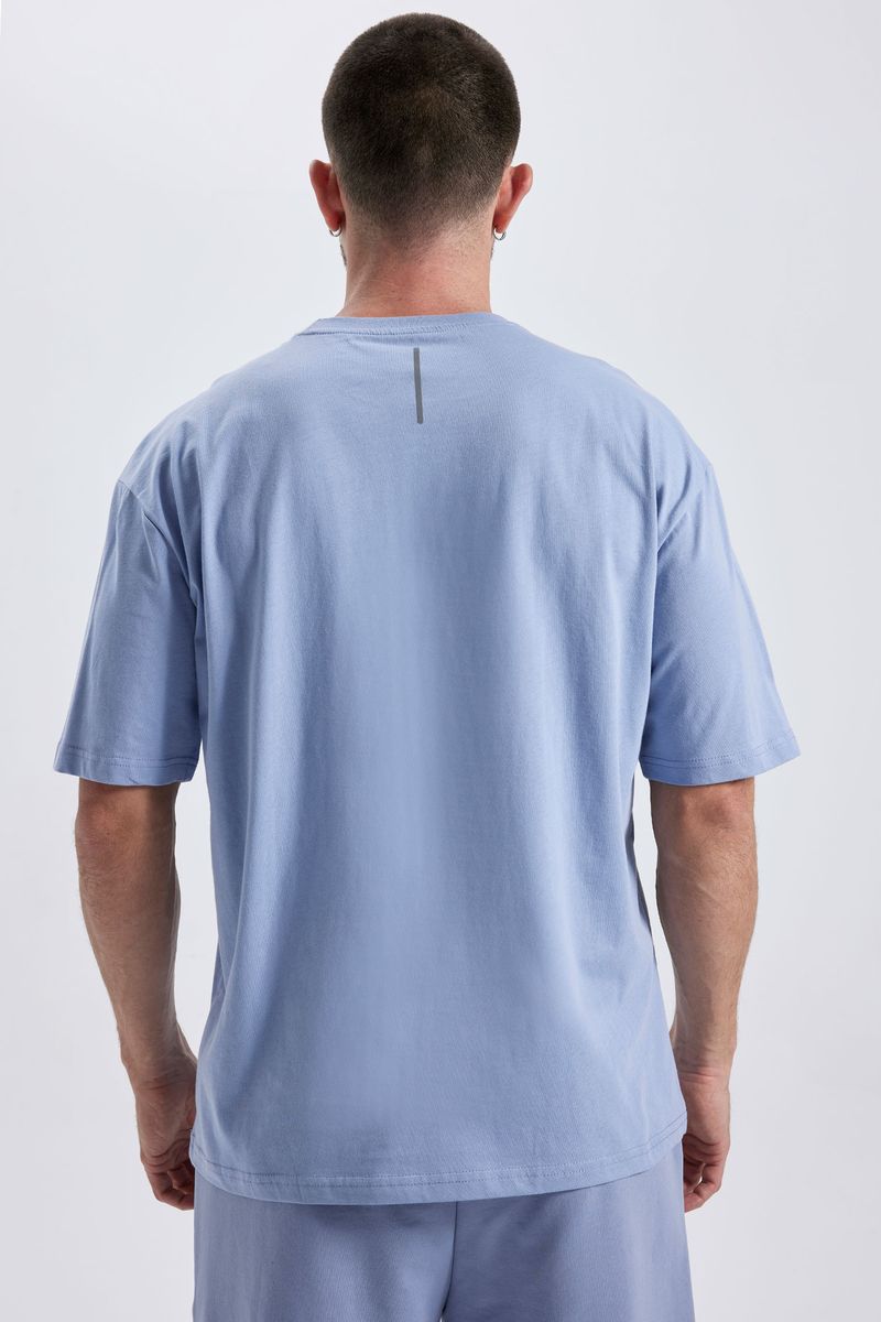 Man Oversize Fit Short Sleeve Crew Neck Knitted T-Shirt - Blue