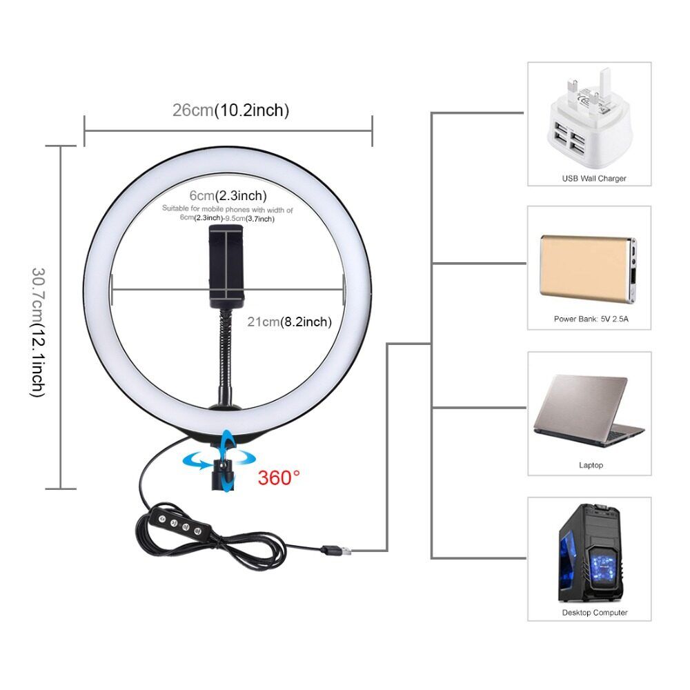 10 Inch 3200K-6500K Dimmable LED Video Ring Light With Phone Clip For Selfie Vlog Tik Tok Youtube Live Streaming
