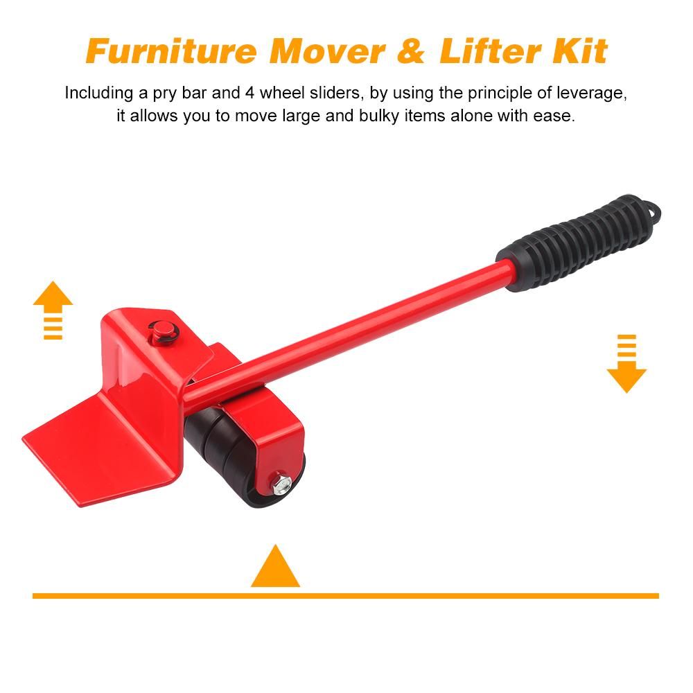 Heavy Furniture Moving Kit Easy Mover Appliance Roller Lifter Moving System with 4 Wheel Sliders Lifter Kit for Moving Sofa Cabinet Table 180 Degree Adjustable Head of Pry Bar