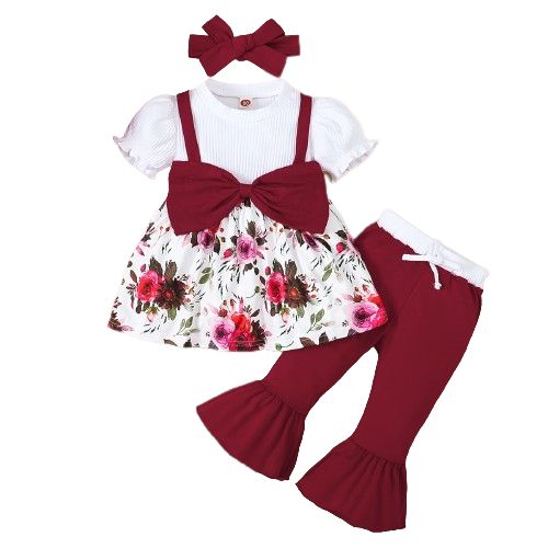 0-3 Years Toddler Baby Floral Ribbed Top+Pants+ Headwear