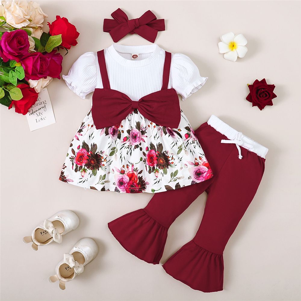 0-3 Years Toddler Baby Floral Ribbed Top+Pants+ Headwear