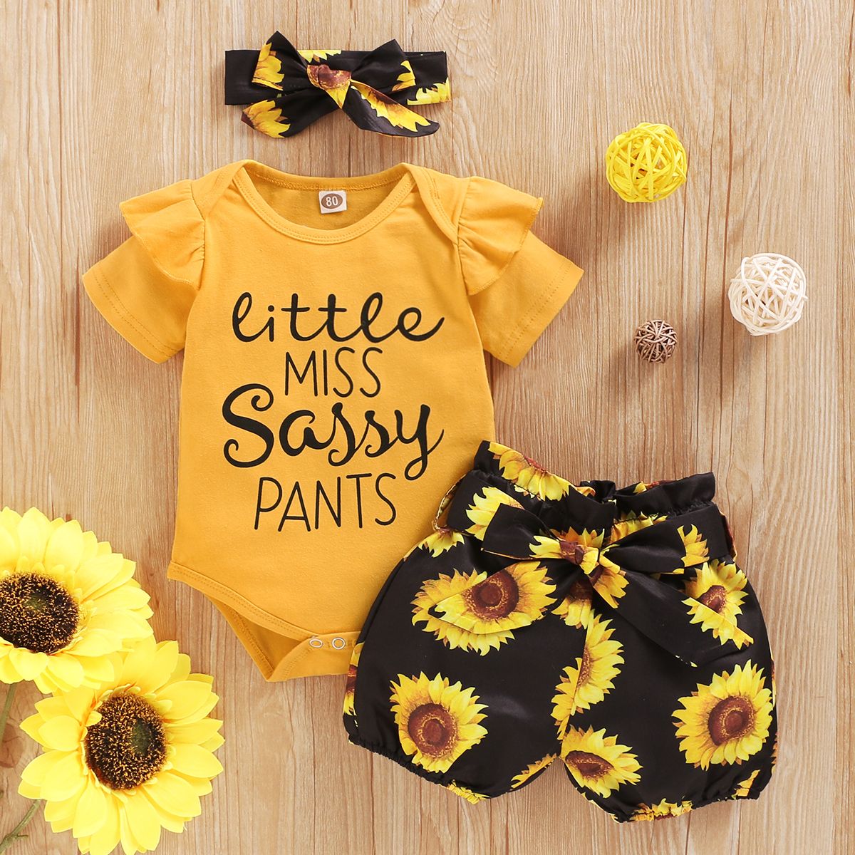 Newborn Baby Girls Sunflower Design Outfit Set Short Sleeve Bodysuit