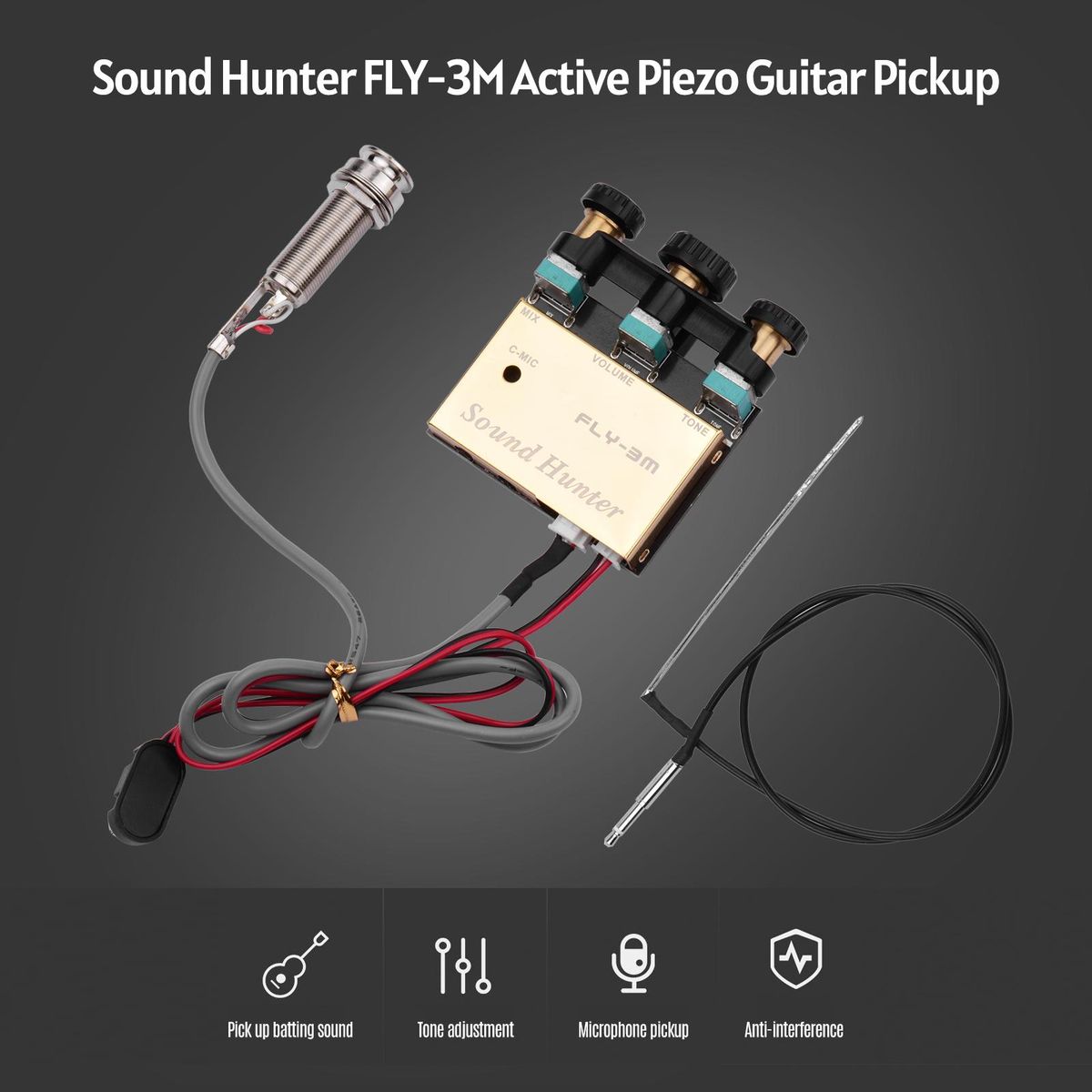 Sound Hunter Guitar Pickup Acoustic Guitar Onboard Active Piezo Pick Up EQ Equalizer Dual Source Preamp System with Mic Volume & Tone Controls Guitar Accessories