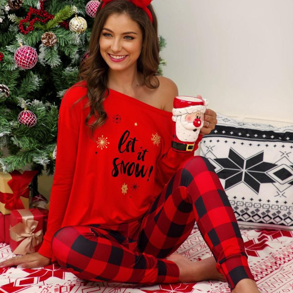 Christmas Suit With Printed Letters Long Sleeve Shirt Checkered Long Pants Casual Pajama For Women Service Suit Home Set Two Pieces
