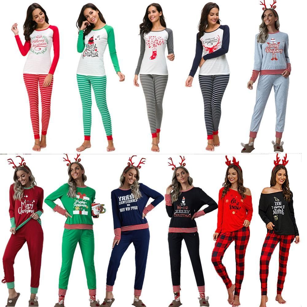 Christmas Suit With Printed Letters Long Sleeve Shirt Checkered Long Pants Casual Pajama For Women Service Suit Home Set Two Pieces