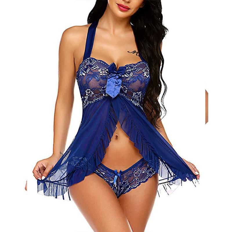 Lace Close-up Nightgown Womens Sexy Lingerie Evening Dress Sensual Pajama With Strap Nightgirl