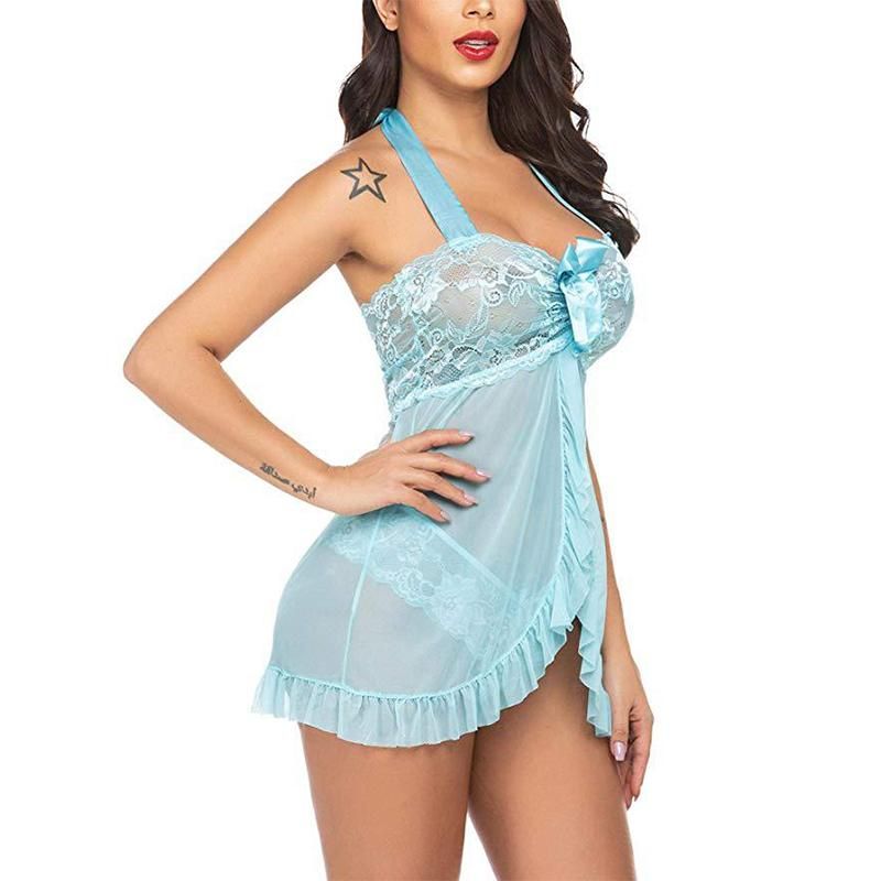 Lace Close-up Nightgown Womens Sexy Lingerie Evening Dress Sensual Pajama With Strap Nightgirl