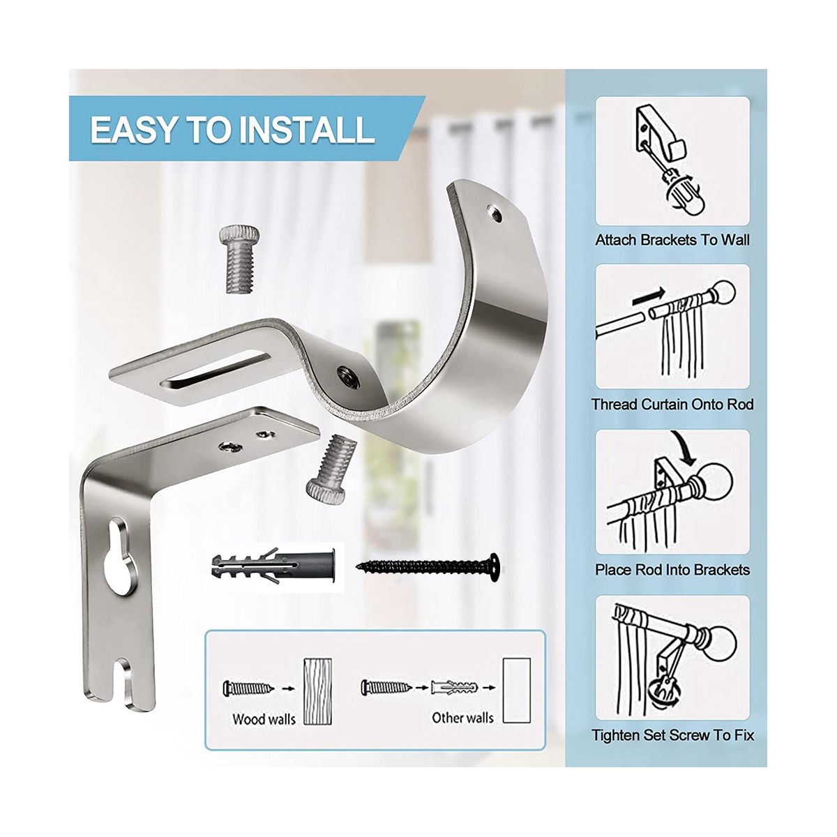 Silver Curtain Rod Brackets for Wall,Heavy Duty Curtain
