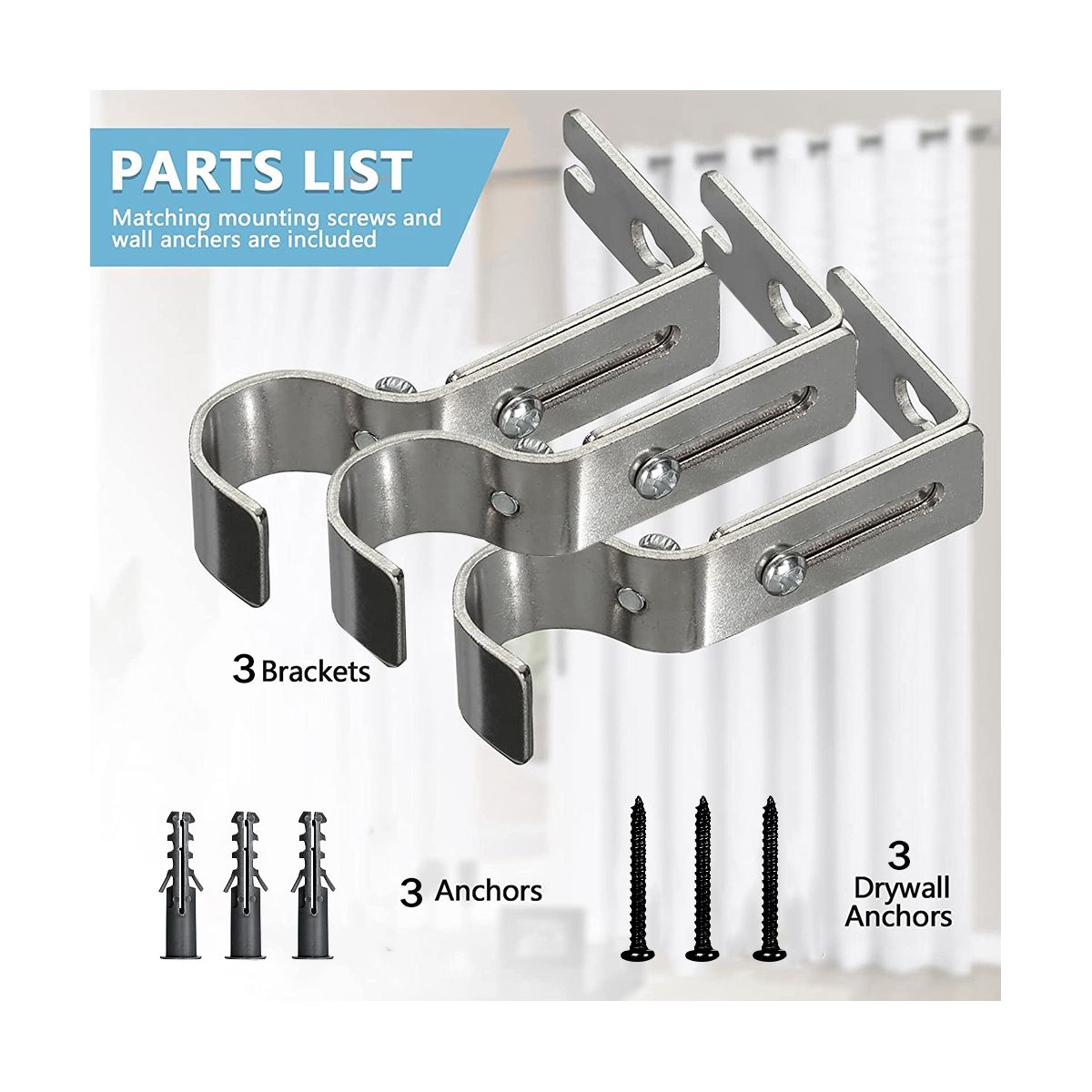Silver Curtain Rod Brackets for Wall,Heavy Duty Curtain