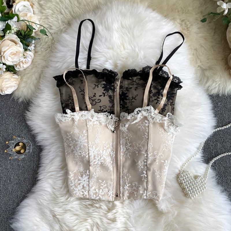 Sexy Camisole Women Short Tops Lace With Back Naked T-shirt Sleeveless Vest Pretty French Clothing Chic Elegant