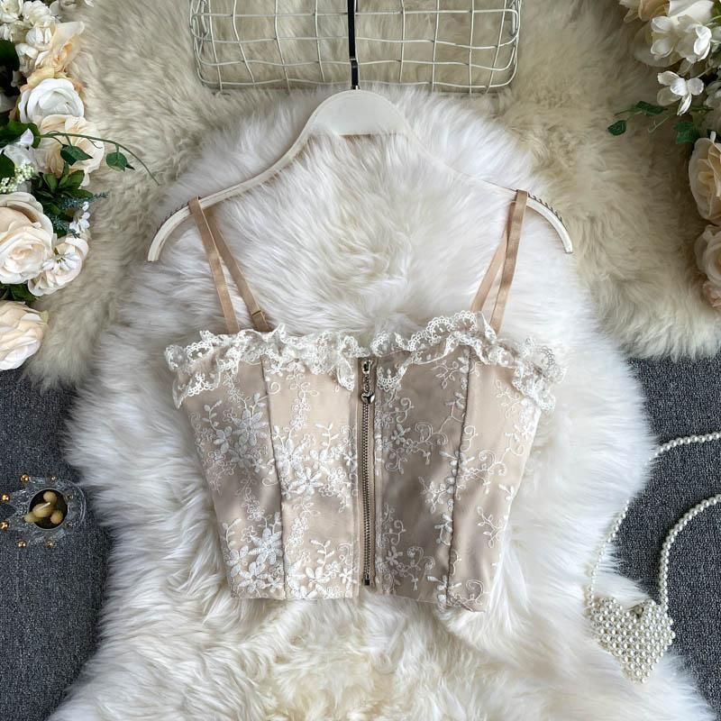Sexy Camisole Women Short Tops Lace With Back Naked T-shirt Sleeveless Vest Pretty French Clothing Chic Elegant