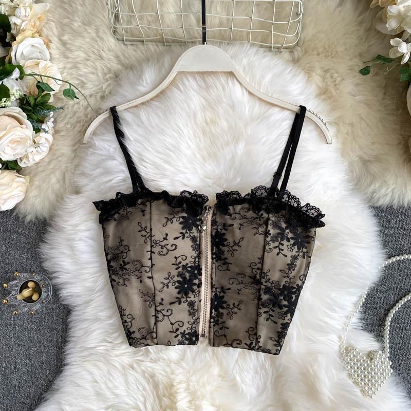 Sexy Camisole Women Short Tops Lace With Back Naked T-shirt Sleeveless Vest Pretty French Clothing Chic Elegant