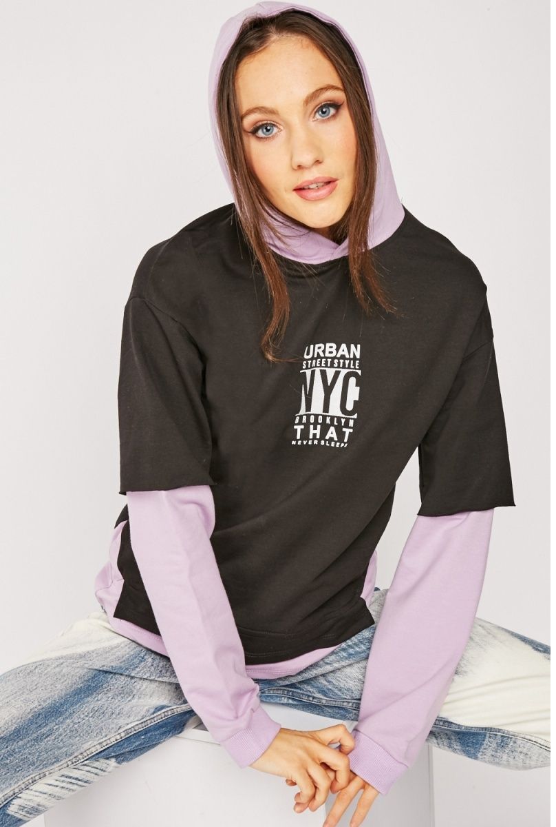 Ladies Unique Long Sleeve Two Tone Hoodies - Lilac & Black