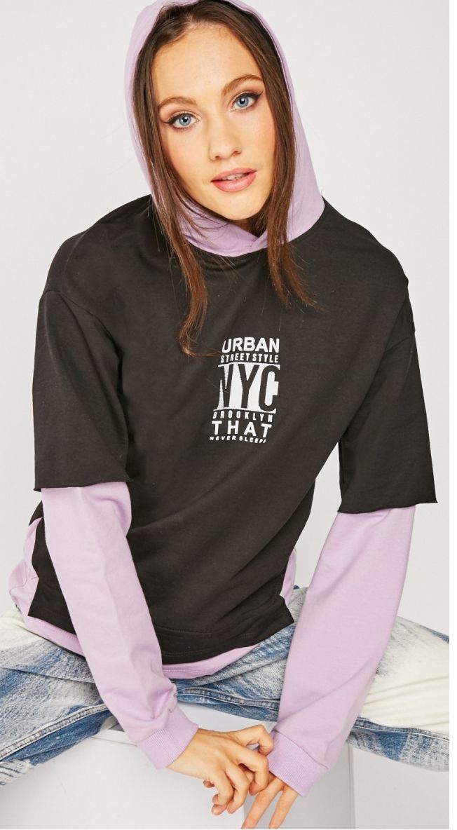 Ladies Unique Long Sleeve Two Tone Hoodies - Lilac & Black