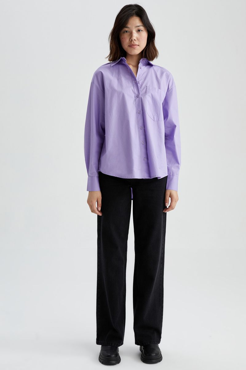 Woman Young Oversize Fit Woven Long Sleeve Shirt - Purple