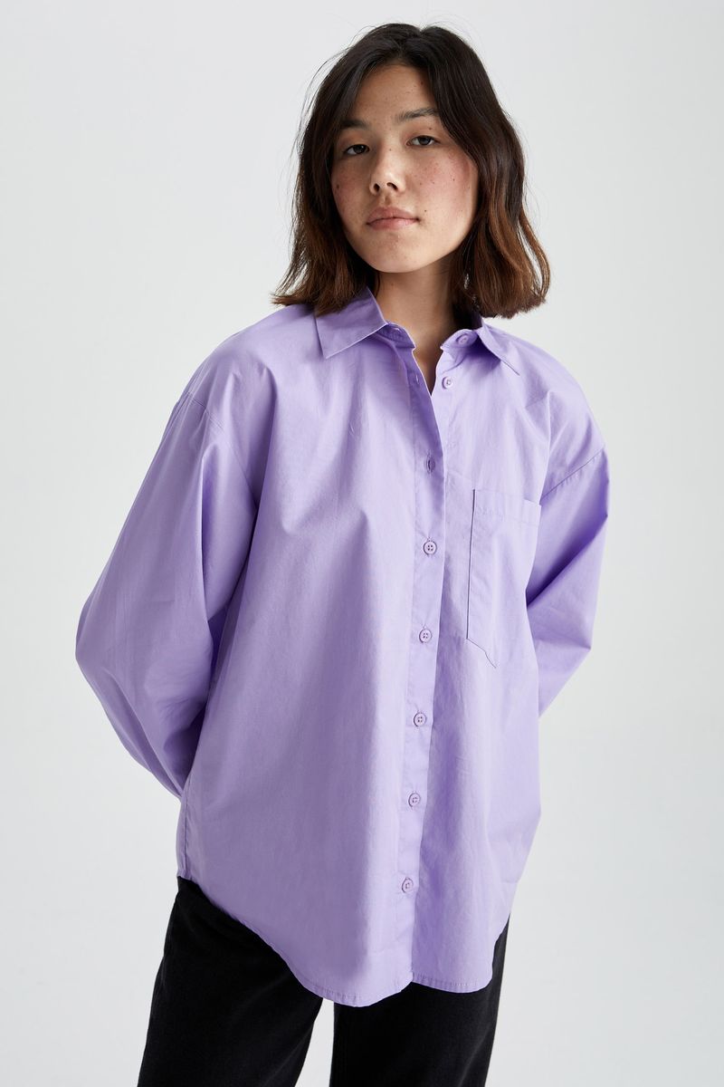 Woman Young Oversize Fit Woven Long Sleeve Shirt - Purple