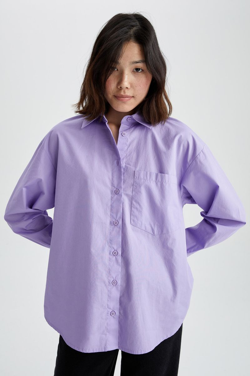 Woman Young Oversize Fit Woven Long Sleeve Shirt - Purple