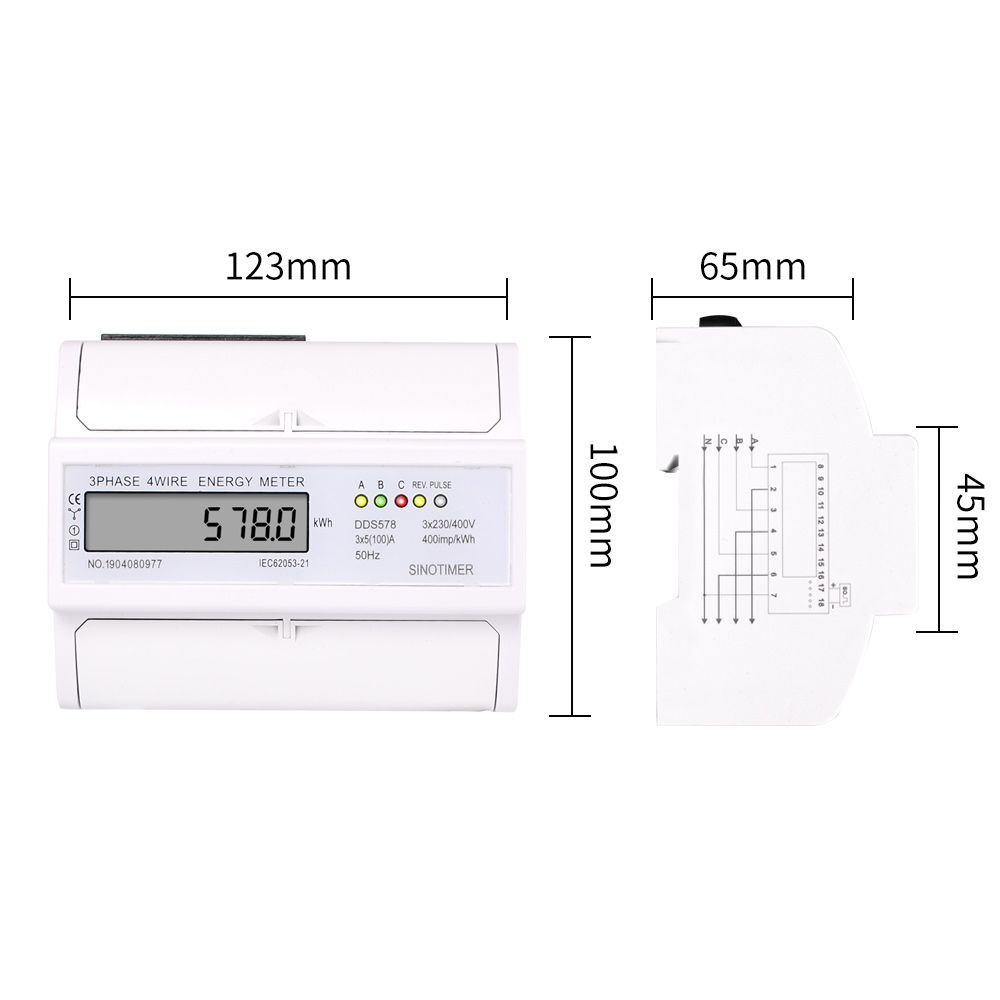 5-100A 380V AC Three Phase 4 Wires LCD Digital Energy Meter KWh Power Consumption Electricity Measurement 35mm DIN Rail Mounting