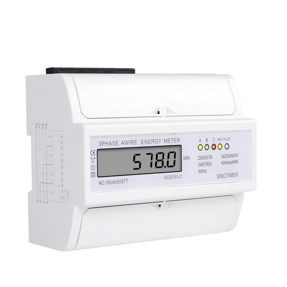 5-100A 380V AC Three Phase 4 Wires LCD Digital Energy Meter KWh Power Consumption Electricity Measurement 35mm DIN Rail Mounting