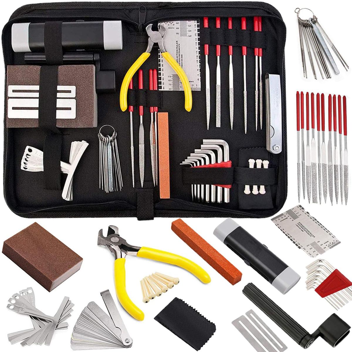 57 PCS Guitar Tool Kit with Carry Bag, Repair Maintenance Tools String Action Ruler Luthier File Guitar Bridge Pins for Guitar Ukulele Bass Banjo, String Instrument Accessories Music Lover Gift Choice