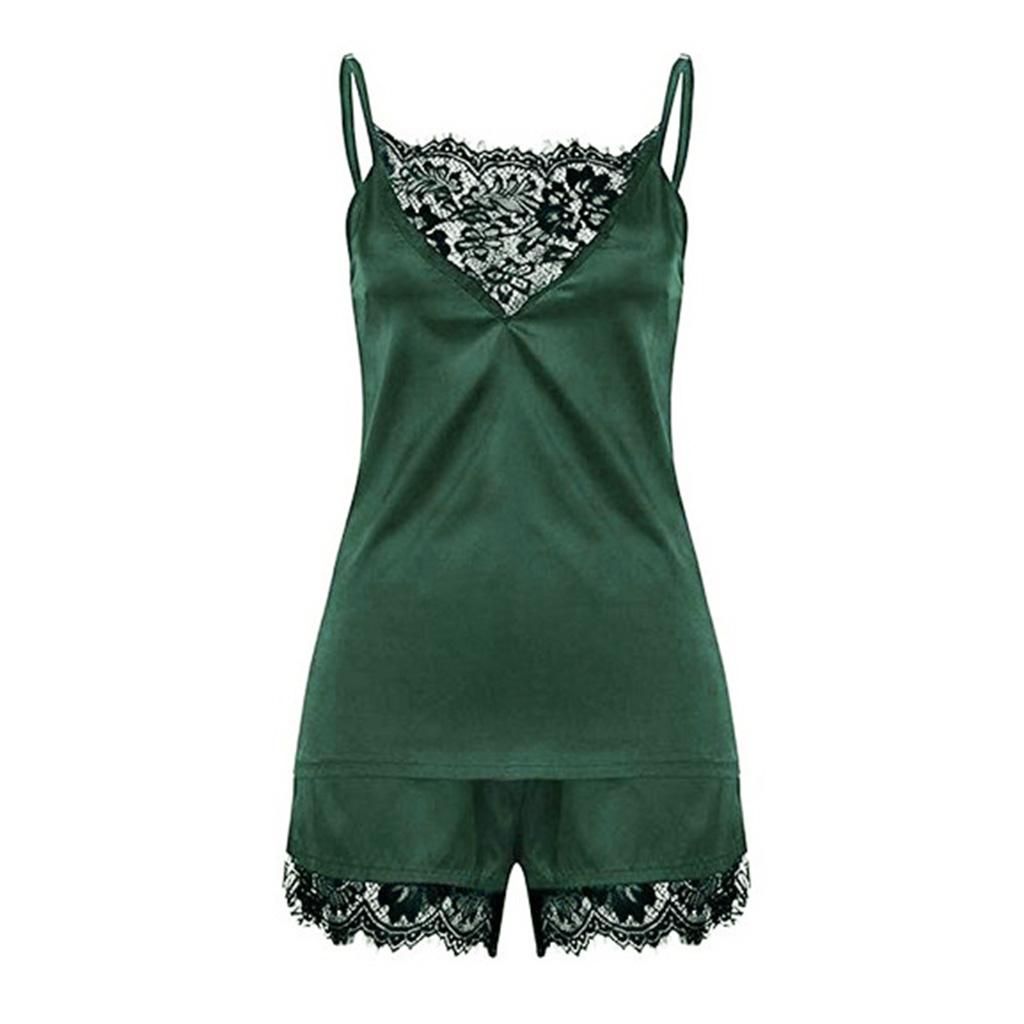 Women Ladies  Lace Satin Sleepwear Cami Top And Shorts Pajama Set M
