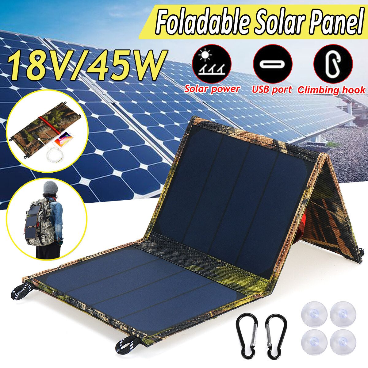 45W 3 Foldable Solar Panel USB Travel Outdoor Camping Phone Charger Travel