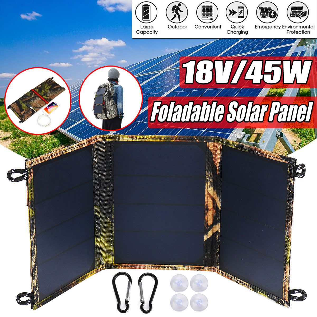 45W 3 Foldable Solar Panel USB Travel Outdoor Camping Phone Charger Travel
