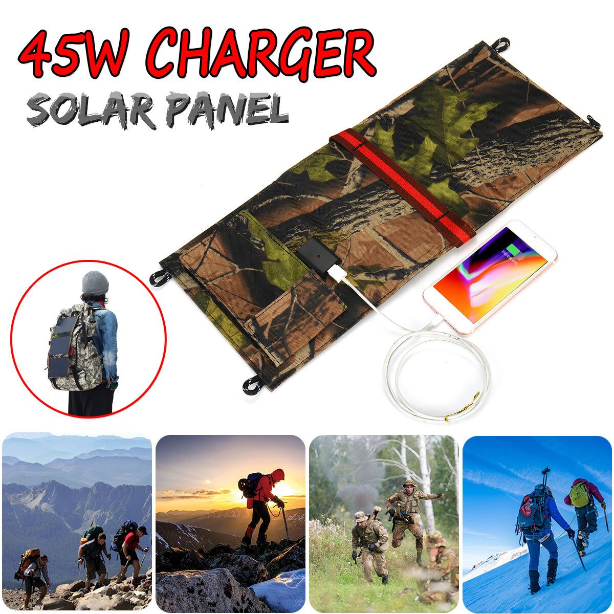 45W 3 Foldable Solar Panel USB Travel Outdoor Camping Phone Charger Travel