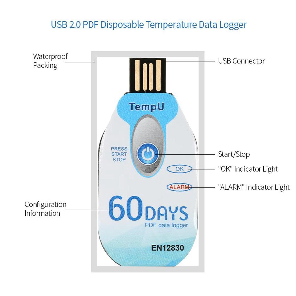 USB Temperature Data 60 Waterproof PDF Disposable Cold Chain Temperature Recorder 10000 Points for Medicine