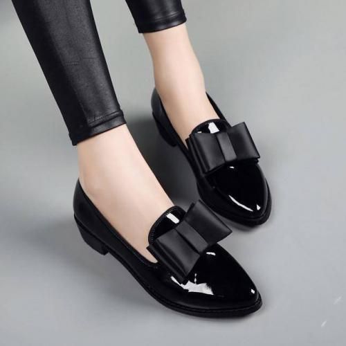Ladies Comfortable Pointed Toe Pumps Bowknot Low Heel Skirt Shoes-Black