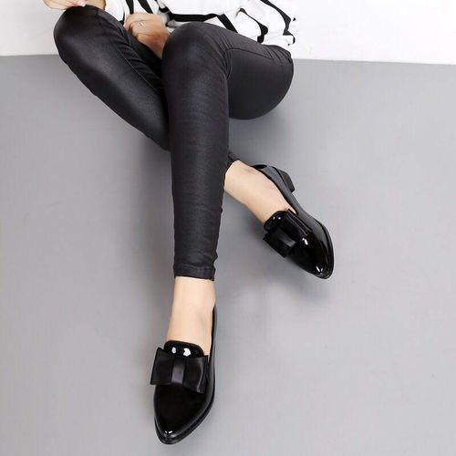 Ladies Comfortable Pointed Toe Pumps Bowknot Low Heel Skirt Shoes-Black