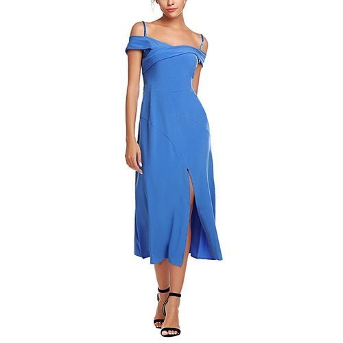 Women Classic Sleeveless Cold Shoulder Solid Spaghetti Straps Midi Split Dress ( Blue )