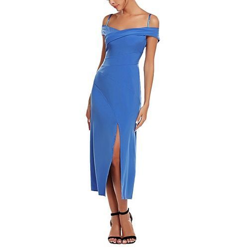 Women Classic Sleeveless Cold Shoulder Solid Spaghetti Straps Midi Split Dress ( Blue )