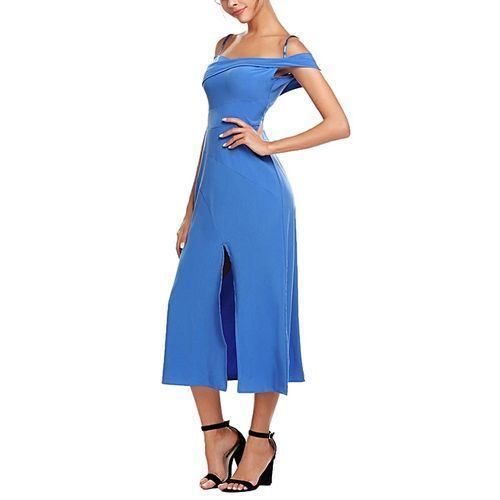Women Classic Sleeveless Cold Shoulder Solid Spaghetti Straps Midi Split Dress ( Blue )