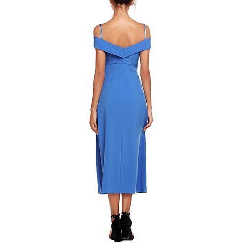 Women Classic Sleeveless Cold Shoulder Solid Spaghetti Straps Midi Split Dress ( Blue )