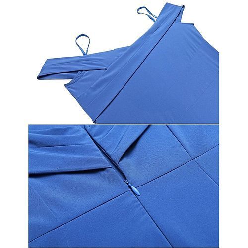 Women Classic Sleeveless Cold Shoulder Solid Spaghetti Straps Midi Split Dress ( Blue )